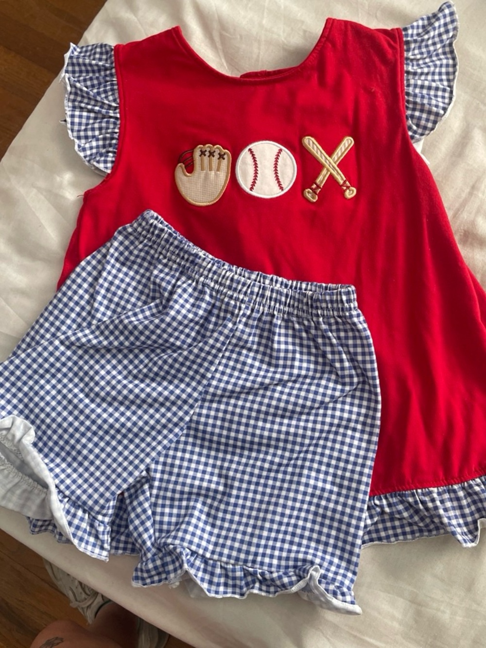 Girls Red Baseball Appliqué Top with Blue Gingham Ruffle Shorts